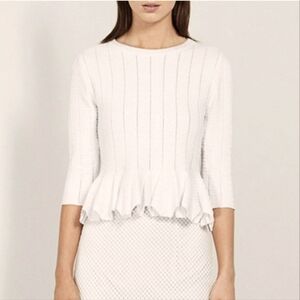 Jonathan Simkhai White Pointelle Ribbed Crew  Peplum Top